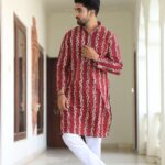 Mens Red Floral Printed Cotton Kurta with White Pajama – Traditional Ethnic Wear for Festive & Wedding