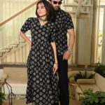 Couple Matching Black Cotton Anarkali Midi Dress and Shirt Set – Vertical Vine Block Print