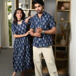 Couple Matching Navy-Blue Printed Cotton Anarkali Midi Dress & Shirt Set – Summer Casual Wear
