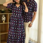 Couple Matching Navy Blue Cotton Anarkali Midi Dress and Shirt Set – Red & White Abstract Print