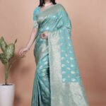 Sky Blue Banarasi Silk Saree with Silver Zari Butti | Ornate Pallu & Border | Wedding, Festive & Traditional Wear