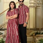Couple Matching Red Cotton Anarkali Midi Dress and Shirt Set – Vertical Vine Block Print