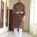 Mens Brown & Black Printed Cotton Kurta with White Pajama – Traditional Ethnic Wear for Festive & Wedding