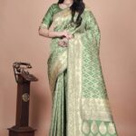 Emerald Green Banarasi Silk Saree with Silver Zari | Geometric & Floral Design | Wedding, Festive & Traditional Wear