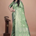 Mint Green Banarasi Silk Saree with Golden Zari | Floral & Ornate Pallu | Wedding, Festive & Traditional Wear