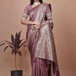Dusty Rose Banarasi Silk Saree with Gold Zari Butti | Regal Pallu & Ornate Border | Wedding, Festival & Traditional Wear