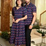 Couple Matching Navy Blue Cotton Printed Anarkali Midi Dress & Shirt Set – Casual & Festive Wear