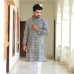 Mens Blue Printed Cotton Kurta with White Pajama – Traditional Ethnic Wear for Festive & Wedding
