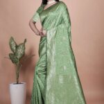 Pista Green Banarasi Silk Saree with Silver Zari Butti | Ornate Pallu & Border | Wedding, Festive & Traditional Wear
