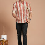 Men's Cotton Red & Beige Striped Casual Kurta  Daily & Festive Wear