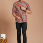 Men's Cotton Red & Beige Striped Printed Kurta  Casual & Festive Wear