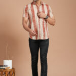 Men's Cotton Beige & Rust Striped Short-Sleeve Shirt  Casual Summer Wear
