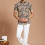 Men's Cotton Mustard Floral Printed Short-Sleeve Shirt  Casual Summer Outfit