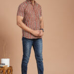 Men's Cotton Rust Red Striped Printed Short-Sleeve Shirt  Casual Summer Wear