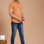 Men's Bright Orange Striped Printed Cotton Short-Sleeve Shirt  Casual Summer Wear