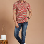 Mens Red Floral Block Print Cotton Short-Sleeve Shirt  Casual Festive Wear
