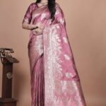 Rose Pink Banarasi Silk Saree with Silver Zari | Floral & Paisley Motifs | Wedding, Festive & Traditional Wear