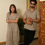 Couple Matching Beige Cotton Anarkali Midi Dress and Shirt Set – Swirl Block Print