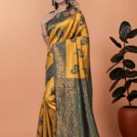 Mustard Yellow & Green Banarasi Silk Saree with Zari Weaving | Elegant Traditional Saree for Weddings, Festivals & Ethnic Occasions