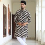 Mens Black Leaf Printed Cotton Kurta with White Pajama – Traditional Ethnic Wear for Festive & Wedding