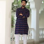 Mens Navy Blue Printed Cotton Kurta with White Pajama – Stylish Ethnic Wear for Weddings & Festive Celebrations