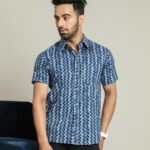 Mens Navy Blue Printed Cotton Shirt with Small Dot Pattern  Casual Summer Wear