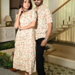 Couple Matching Cream floral Cotton Printed Anarkali Midi Dress & Shirt Set – Casual & Festive Wear