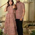 Couple Matching Red-Beige Cotton Anarkali Midi Dress and Shirt Set – Leaf Block Print