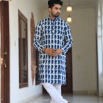 Mens White and Blue Printed Cotton Kurta with White Pajama – Trendy Festive & Casual Wear