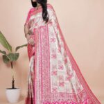 Cream & Pink Banarasi Silk Saree with Silver Zari | Wedding, Party & Traditional Wear | Elegant Banarasi Saree with Contrast Pallu