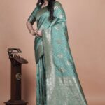 Pastel Teal Banarasi Silk Saree with Gold Zari Butti | Ornate Pallu & Border | Wedding, Festive & Traditional Wear