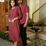 Couple Matching Maroon Cotton Anarkali Midi Dress and Shirt Set – Vertical Stripe Ethnic Print