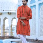 Mens Orange Tie-Dye Cotton Kurta with White Pajama – Festive & Haldi Ceremony Wear
