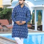 Mens Blue Printed Cotton Kurta with White Pajama – Elegant Traditional & Ethnic Wear