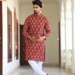 Mens Red Printed Cotton Kurta with White Pajama – Ethnic Wear for Weddings & Festivals