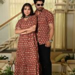 Couple Matching Red Cotton Anarkali Midi Dress and Shirt Set – Gold Leaf Block Print