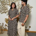 Couple Matching Black & Beige Cotton Anarkali Midi Dress and Shirt Set – Leaf Print Twinning Outfit