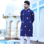Mens Navy Blue Printed Cotton Kurta with White Pajama – Traditional Ethnic Wear for Festive & Wedding