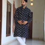 Mens Black Printed Cotton Kurta with White Pajama – Trendy Festive & Casual Wear