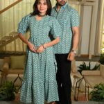 Couple Matching Green Cotton Anarkali Midi Dress and Shirt Set – Arrow Print