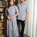 Couple Matching Sky Blue Cotton Anarkali Midi Dress and Shirt Set – Pink Floral Print