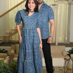 Couple Matching Blue Cotton Anarkali Midi Dress and Shirt Set – Geometric Block Print