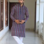 Mens Multicolor Zig-Zag Printed Cotton Kurta with White Pajama – Trendy Festive & Casual Wear