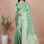 Emerald Green Banarasi Silk Saree with Golden Zari Butti | Ornate Pallu & Border | Wedding, Festive & Traditional Wear