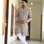 Mens Grey Printed Cotton Kurta with White Pajama – Traditional Ethnic Wear for Festive & Wedding