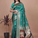 Emerald Green Banarasi Silk Saree with Golden Zari & Peacock Pallu | Wedding, Festive & Traditional Wear