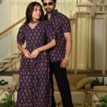 Couple Matching Navy Blue Cotton Anarkali Midi Dress and Shirt Set – Red Hand Block Print