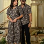 Couple Matching Red Printed Cotton Anarkali Midi Dress & Shirt Set – Summer Casual Wear