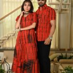 Couple Matching Red Printed Cotton Anarkali Midi Dress & Shirt Set – Summer Casual Wear