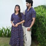 Couple Matching Navy Blue Cotton Printed Anarkali Midi Dress & Shirt Set – Casual & Festive Wear